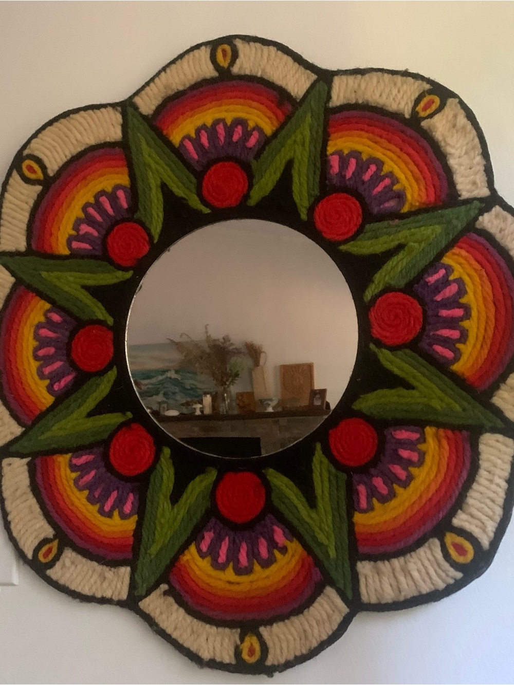 Retro Yarn Mosaic Flower Wall Mirror 23.5”